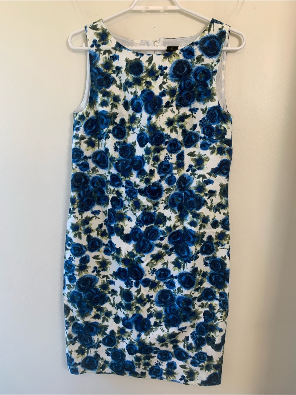 Ann Taylor Blue and White Floral Midi Shift Dress, Lined, Back Zipper - Picture 2 of 11